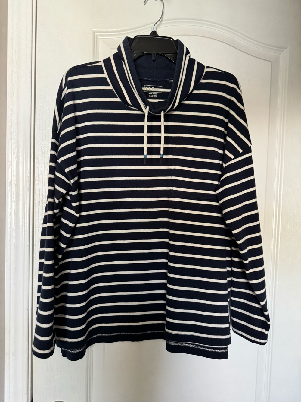 Striped Navy and White Womens Funnel Neck Sweatshirt